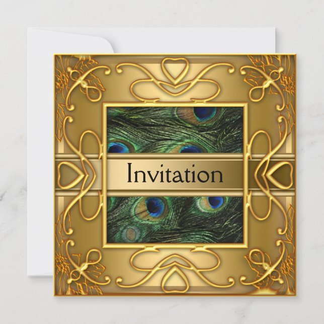 Invitation Carton d'invitation Paon Doré Toute Soirée (Devant)