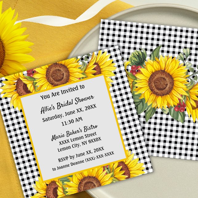 Invitation Carton d'invitation personnalisé à motif Gingham & (Bridal Shower invitation - Sunflowers and Gingham Rustic Country Style)