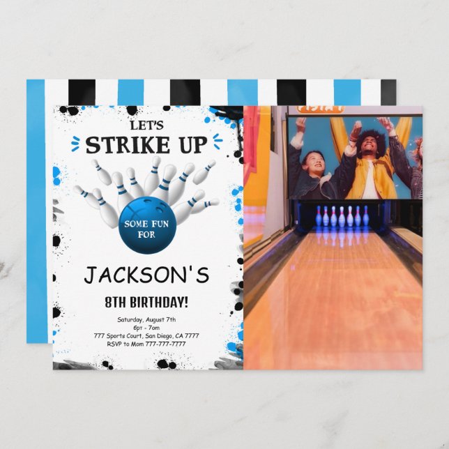 Invitation Carton d'invitation photo Bowling Bleu (Devant / Derrière)
