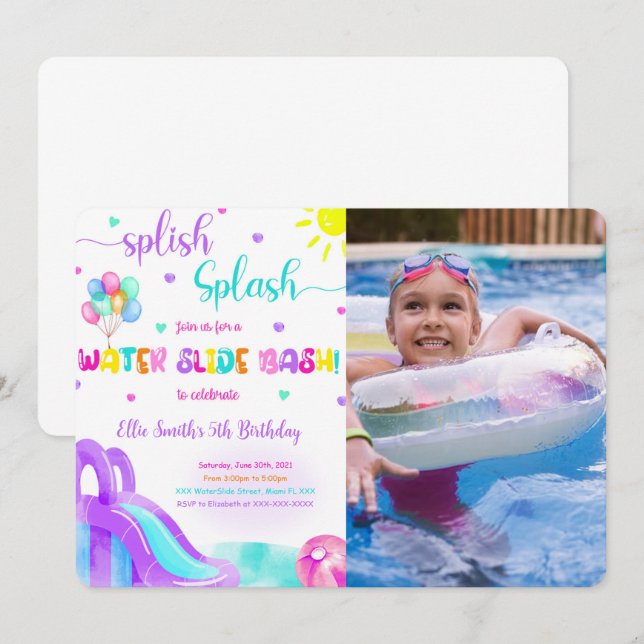 Invitation Carton d'invitation photo de toboggan aquatique (Devant / Derrière)