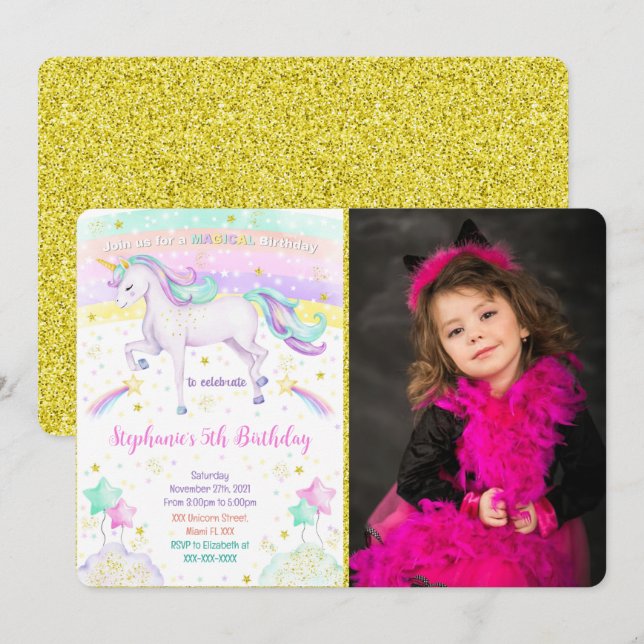 Invitation Carton d'invitation photo licorne modifiable  (Devant / Derrière)
