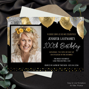 Invitation Carton d'invitation photo or et noir pour 100e ann