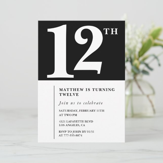 Invitation Carton d'invitation pour 12 ans chic noir et blanc (Debout devant)