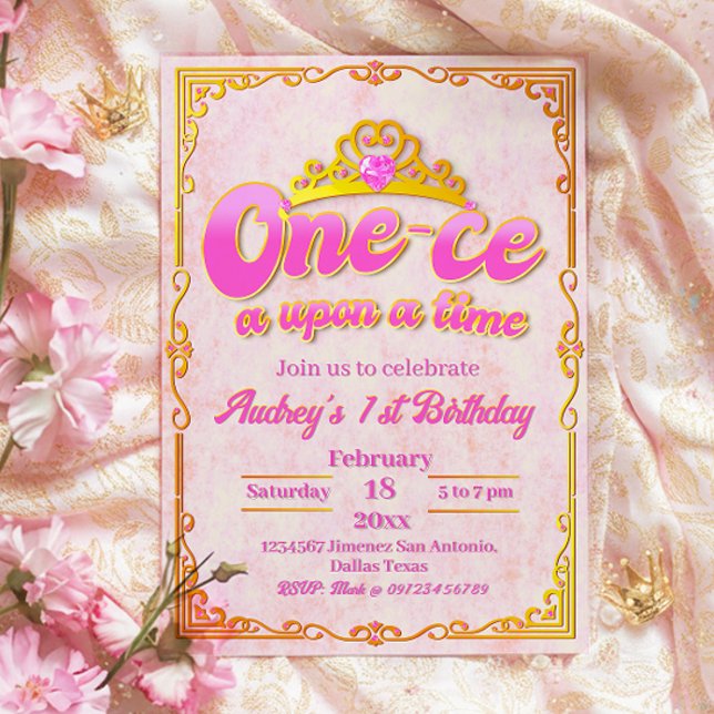 Invitation Carton d'invitation pour 1er anniversaire - Il éta (One-ce Upon a Time - Girl 1st Birthday Invitation)