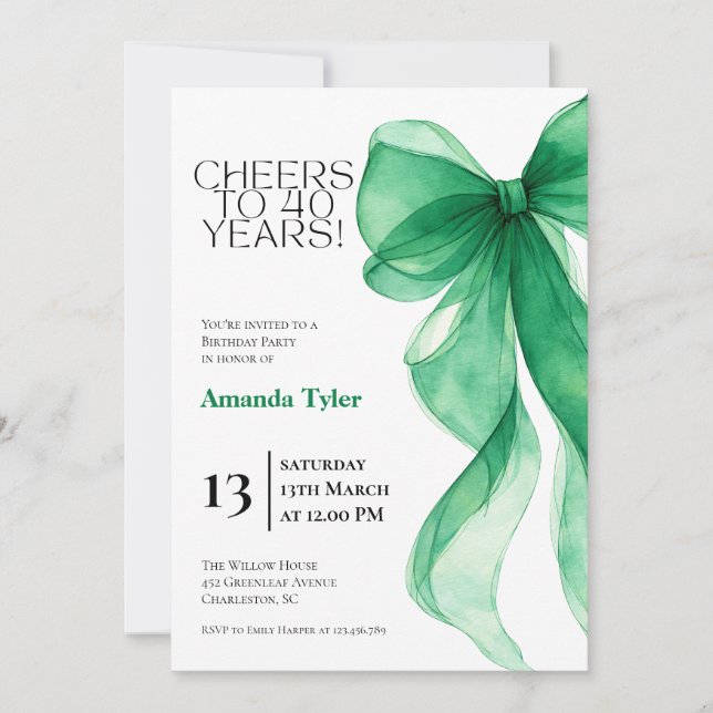 Invitation Carton d'invitation pour 40 ans avec un ruban vert (Devant)