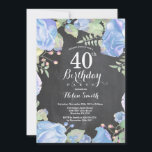 Invitation Carton d'invitation pour 40e anniversaire floral b<br><div class="desc">Carton d'invitation pour 40e anniversaire floral bleu botanique. Carton d'invitation d'anniversaire aux pivoines roses florales pour femmes. Fleur florale aquarelle. Roses et pivoines roses élégantes. Anniversaire adulte. Fond tableau noir. Noir et blanc. 13e 15e 16e 18e 20e 21e 30e 40e 50e 60e 70e 80e 90e 100e, tous âges. Pour une...</div>