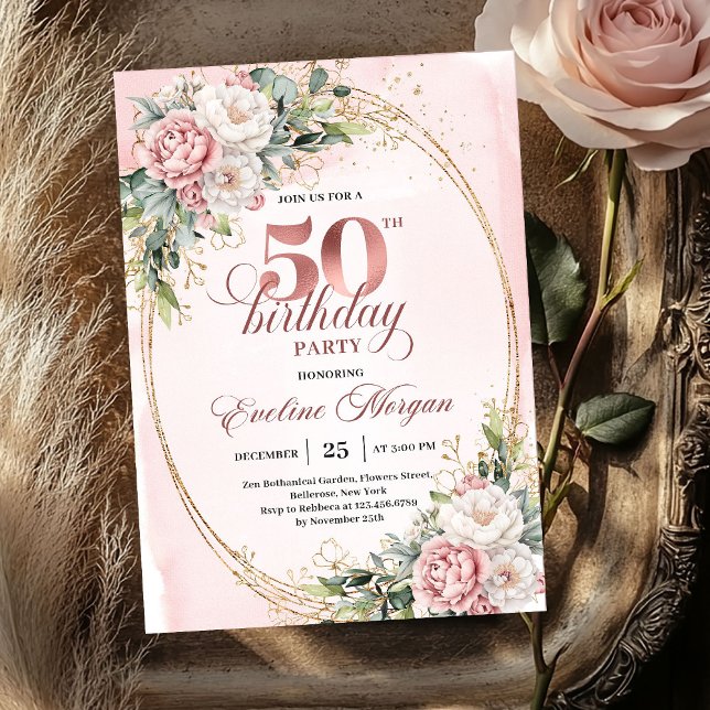 Invitation Carton d'invitation pour 50e anniversaire à l'aqua (Airy Blush Watercolor 50th Birthday Invitation)