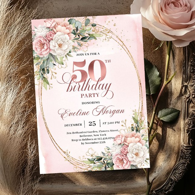 Invitation Carton d'invitation pour 50e anniversaire avec far (Timeless Rose Gold Blush 50th Birthday Invitation)