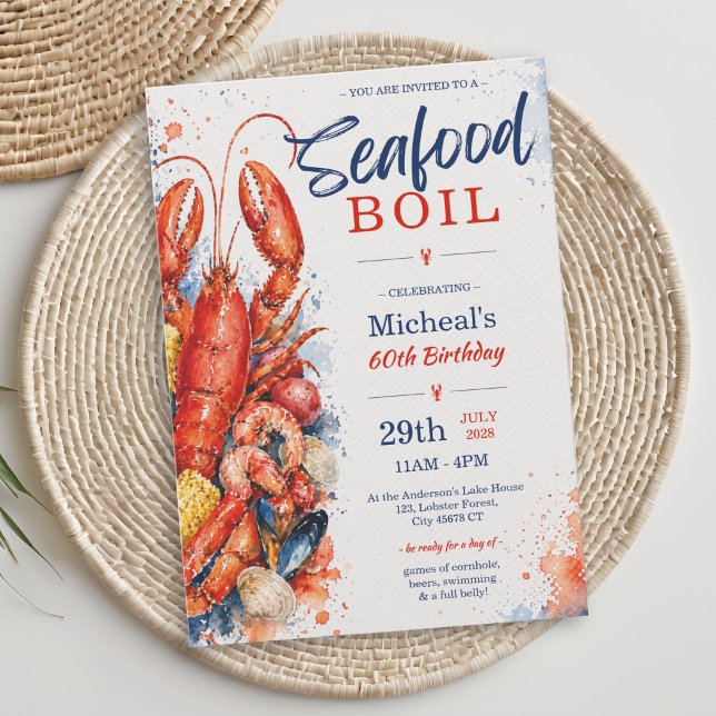 Invitation Carton d'invitation pour 60 ans de Fête de fruits  (Watercolor Seafood Boil 60th Birthday Invitation)