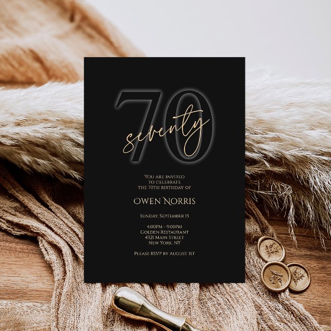 Invitation Carton d'invitation pour 70e anniversaire Moderne  (Modern Black Gold 70th Birthday Invitation Card)