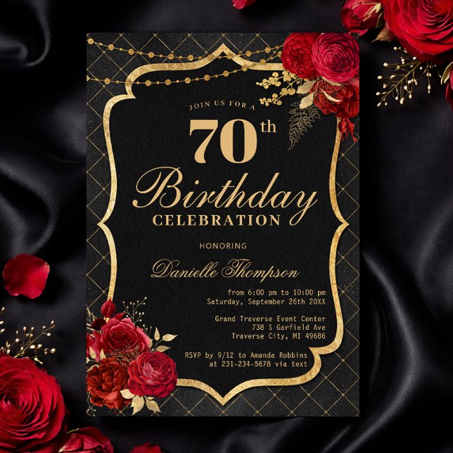 Invitation Carton d'invitation pour 70e anniversaire noir, ro (Black, Red & Gold 70th Birthday Invitation with Roses)