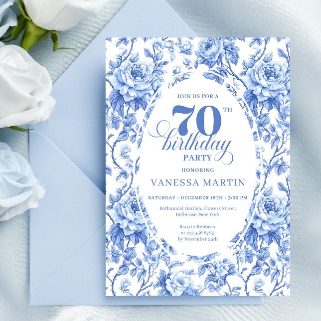 Invitation Carton d'invitation pour 70ème anniversaire à moti (Royal Blue Floral 70th Birthday Invitation)