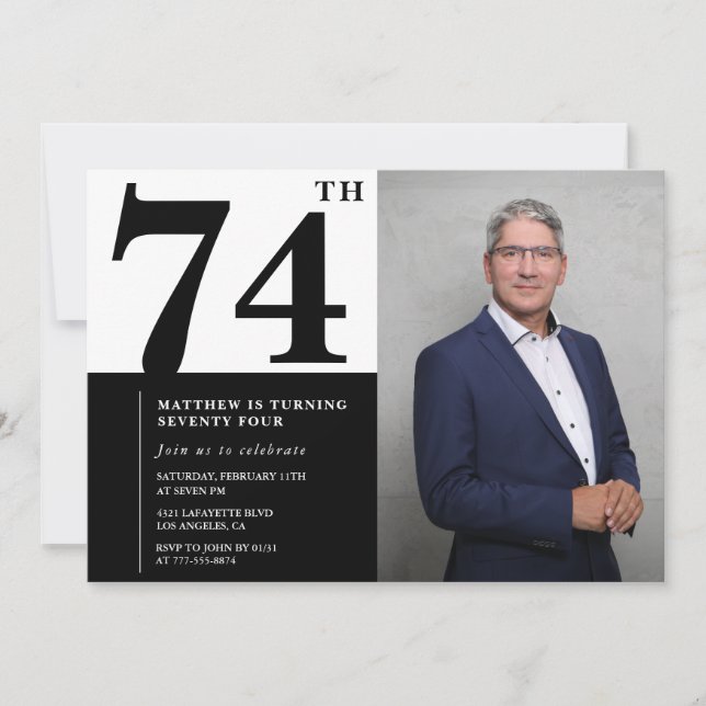 Invitation Carton d'invitation pour 74e anniversaire en noir  (Devant)