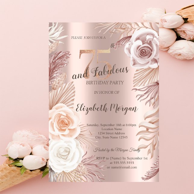 Invitation Carton d'invitation pour 75e anniversaire Boho Flo (Créateur téléchargé)