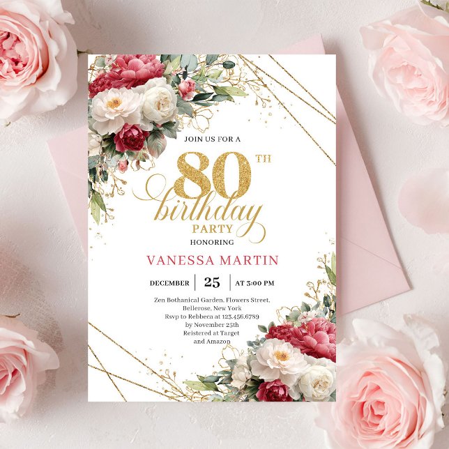 Invitation Carton d'invitation pour 80e anniversaire avec ros (Red blush roses 80th birthday invitation with gold accents

)