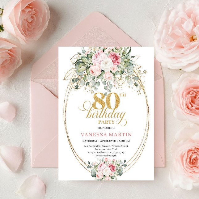 Invitation Carton d'invitation pour 80e anniversaire Chic Boh (Chic Boho Blush Roses 80th Birthday Invitation Print

)