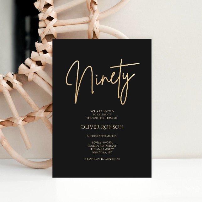 Invitation Carton d'invitation pour 90e anniversaire Or noir  (Elegant Black Gold 90th Birthday Invitation)