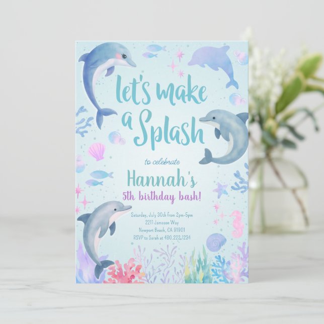 Invitation Carton d'invitation pour anniversaire Dauphins sou (Debout devant)