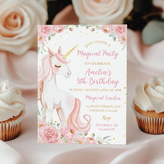 Invitation Carton d'invitation pour anniversaire Fleur Licorn (Créateur téléchargé)