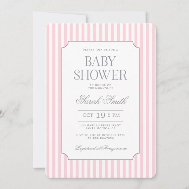 Invitation Carton d'invitation pour baby shower à rayure rose (Devant)