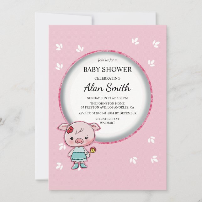 Invitation Carton d'invitation pour Baby Shower Cochon Rose M (Devant)