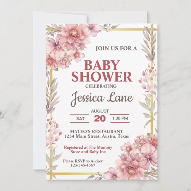 Invitation Carton d'invitation pour Baby Shower Fille Fleurs  (Devant)