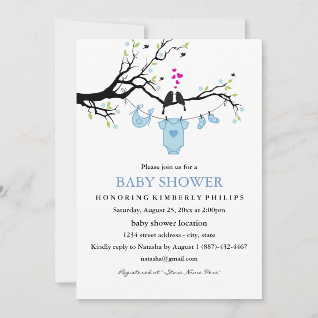 Invitation Carton d'invitation pour Baby Shower Garçon Oiseau (Devant)