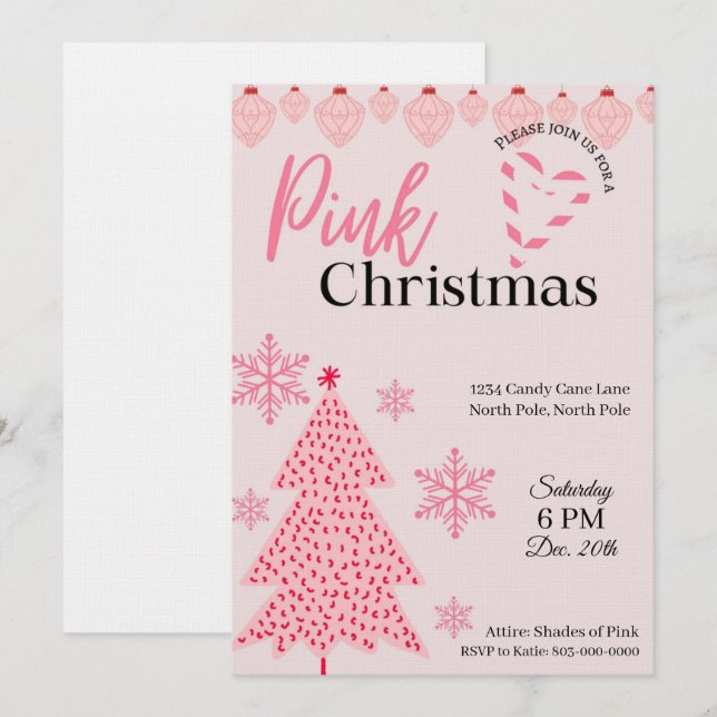 Invitation Carton d'invitation pour la fête de Noël rose (Devant / Derrière)