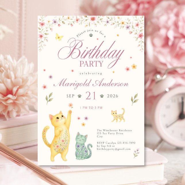 Invitation Carton d'invitation pour l'anniversaire de chat fl (Floral Cat Birthday Party Invitation for Girls)