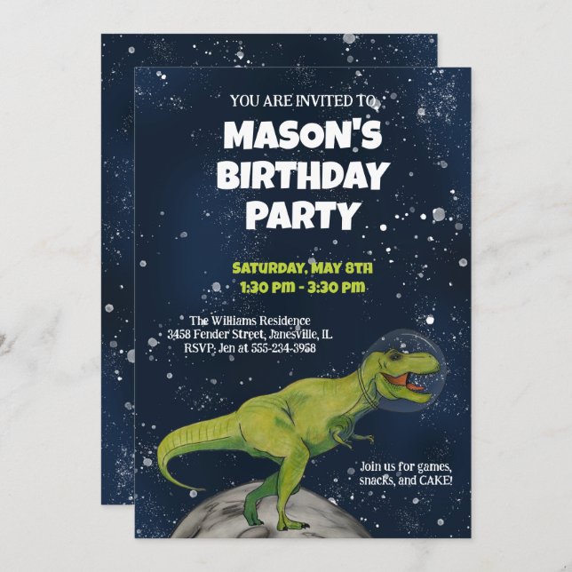Invitation Carton d'invitation pour l'anniversaire du T-rex d (Devant / Derrière)