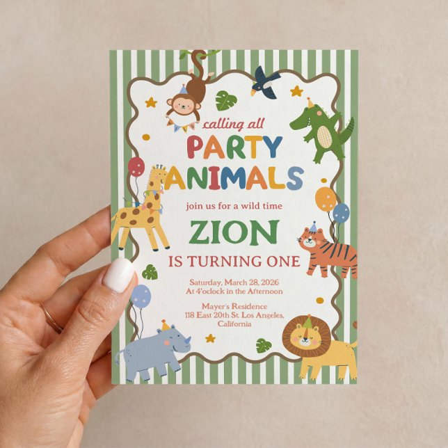 Invitation Carton d'invitation pour le 1er anniversaire de la (Green safari Party Animals invitation for a fun boy’s first birthday celebration. 🦁🌿🎉)