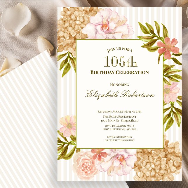 Invitation Carton d'invitation pour les 105 ans avec des fleu (Créateur téléchargé)