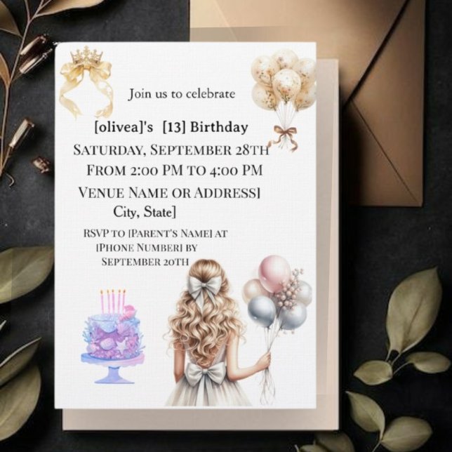 Invitation Carton d'invitation pour les 13 ans d'une fille bl (Créateur téléchargé)