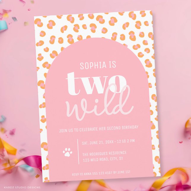 Invitation Carton d'invitation pour les 2 ans de Two Wild Gir (The front and back of the invitation are shown at 5x7-inch size. Choose size, paper, + corner style.)