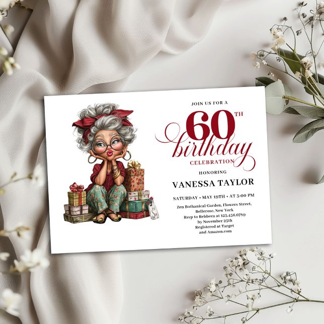 Invitation Carton d'invitation pour les 60 ans d'une dame âgé (Quirky Old Lady 60th Birthday Invitation Template)