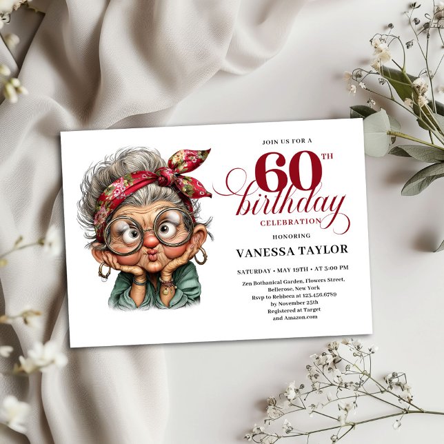 Invitation Carton d'invitation pour les 60 ans d'une Dame drô (Funny Old Lady 60th Birthday Party Invite Template)