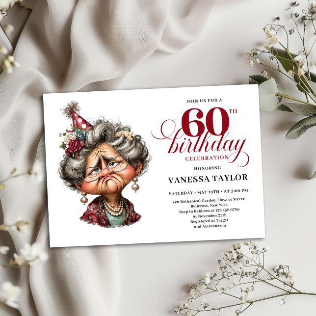 Invitation Carton d'invitation pour les 60 ans d'une vieille  (Funny Bored Old Lady 60th Birthday Invitation )