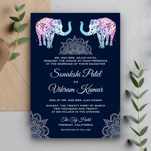 Invitation Carton d'invitation pour mariage indien avec éléph (Créateur téléchargé)