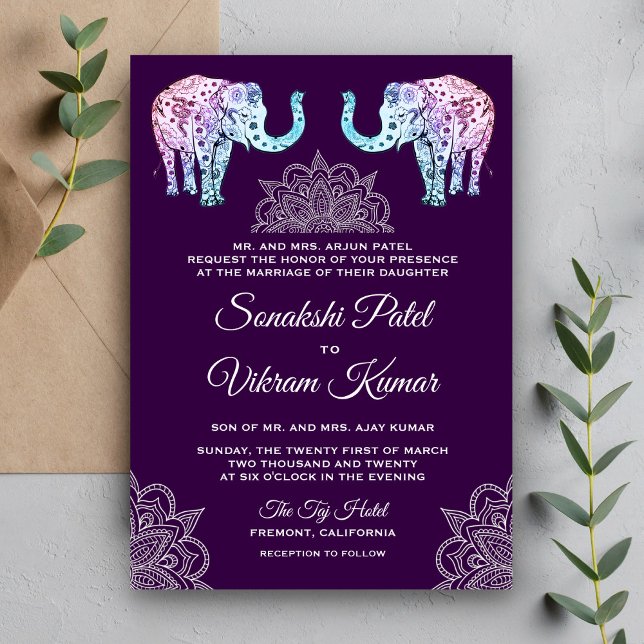 Invitation Carton d'invitation pour mariage indien avec éléph (Créateur téléchargé)