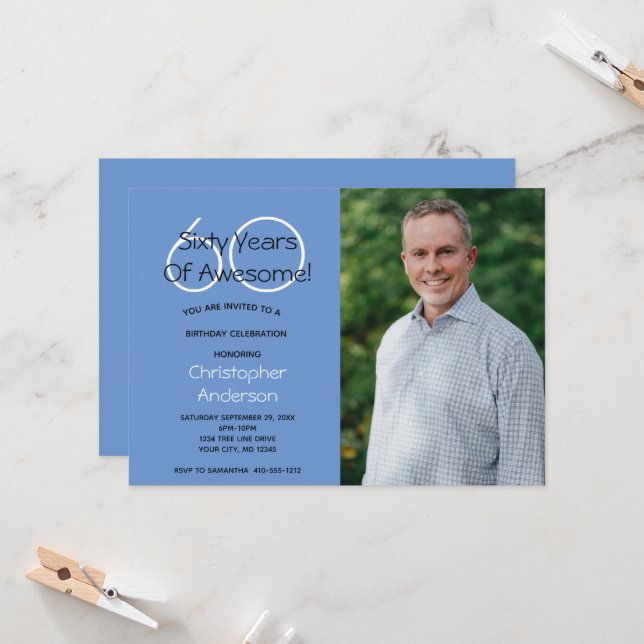 Invitation Carton d'invitation pour ses 60 ans pour lui (Devant/Arrière en situation)