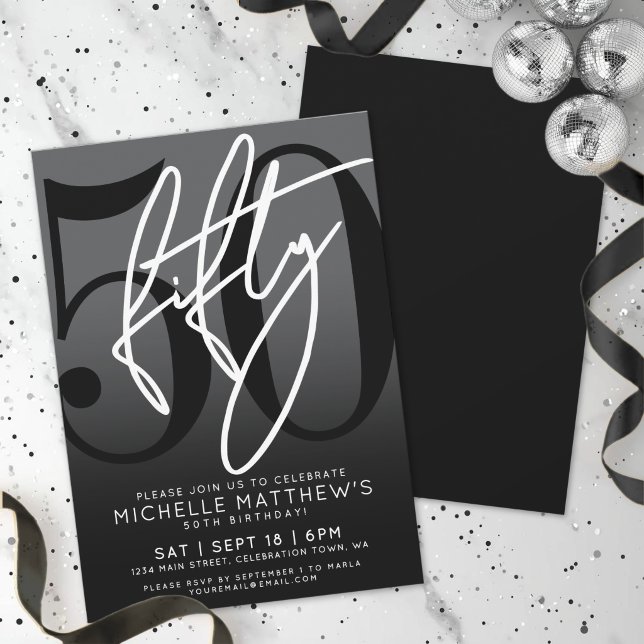 Invitation Carton d'invitation pour une fête d'anniversaire d (Modern Black 50th Birthday Party Invitation)