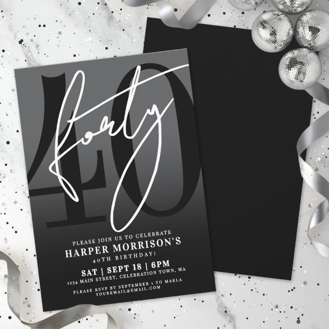 Invitation Carton d'invitation pour une fête d'anniversaire d (Modern Black 40th Birthday Party Invitation)