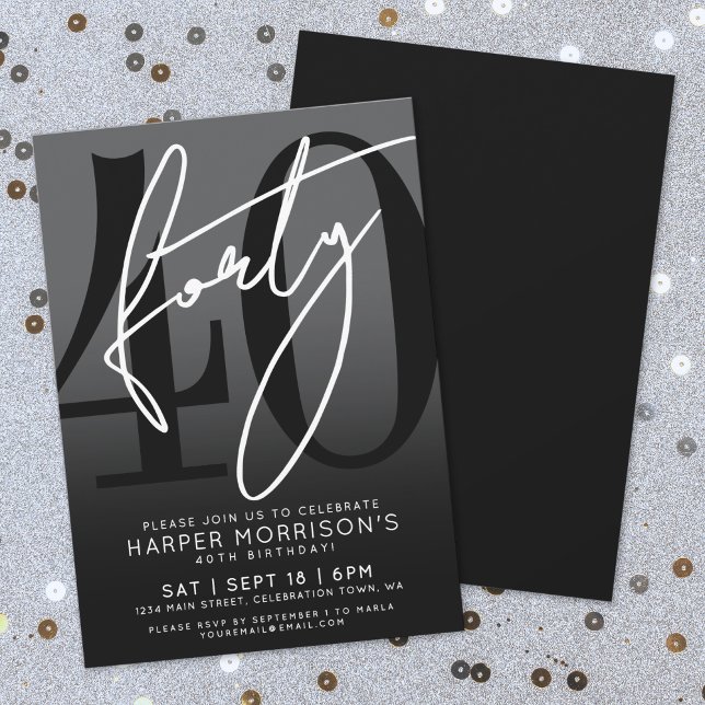 Invitation Carton d'invitation pour une fête d'anniversaire d (Modern Black 40th Birthday Party Invitation)