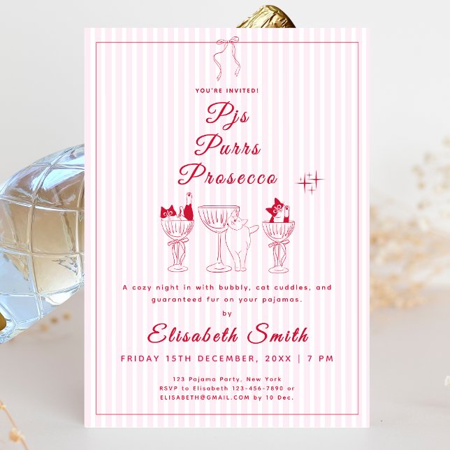 Invitation Carton d'invitation pour une soirée pyjama chat av (PJs, Purrs & Prosecco Cat Pajama Party Invitation)