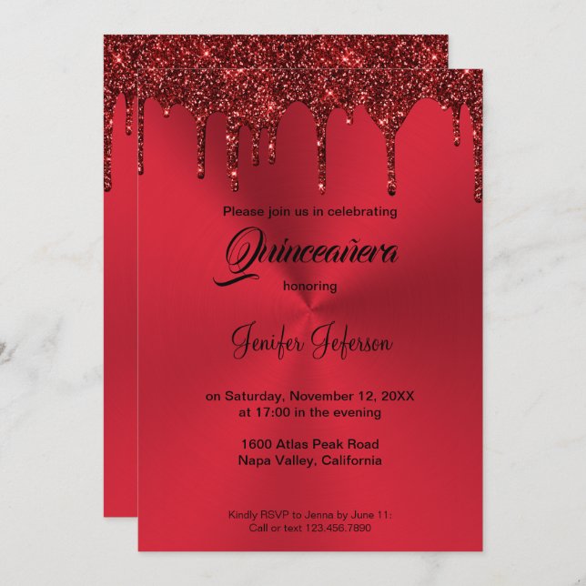 Invitation Carton d'invitation Quinceanera à paillettes rouge (Devant / Derrière)