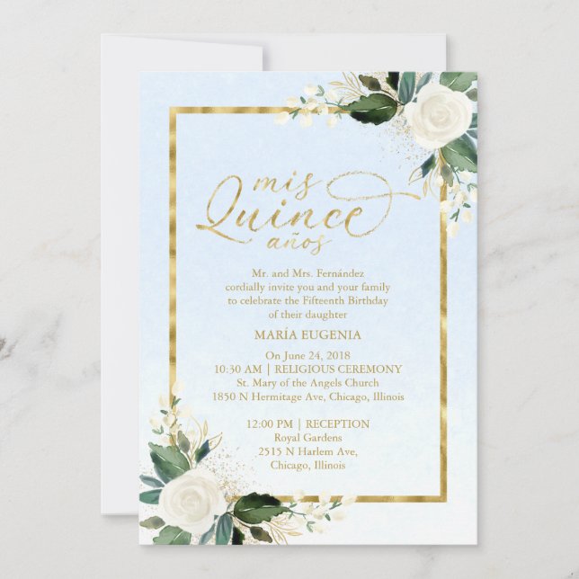 Invitation Carton d'invitation Quinceanera bilingue avec feui (Devant)