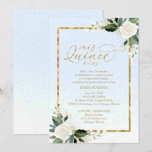 Invitation Carton d'invitation Quinceanera bleu espagnol avec (Devant / Derrière)