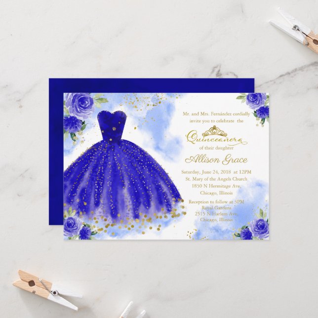 Invitation Carton d'invitation Quinceanera doré à la feuille  (Devant/Arrière en situation)