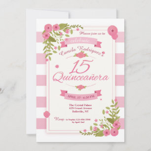 Invitation Carton d'invitation Quinceañera rayures roses et b