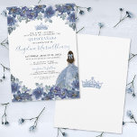 Invitation Carton d'invitation Quinceanera robe bleu bébé<br><div class="desc">Invitation élégante et florale de Quinceañera couleur bleu. Un adorable design à l'aquarelle mettant en vedette des roses et des fleurs bleues poussiéreuses et bleu marine mélangées à des feuilles vert clair, donne le ton à votre célébration de Quinceañera. Le devant présente un mélange de polices serif classiques et de...</div>